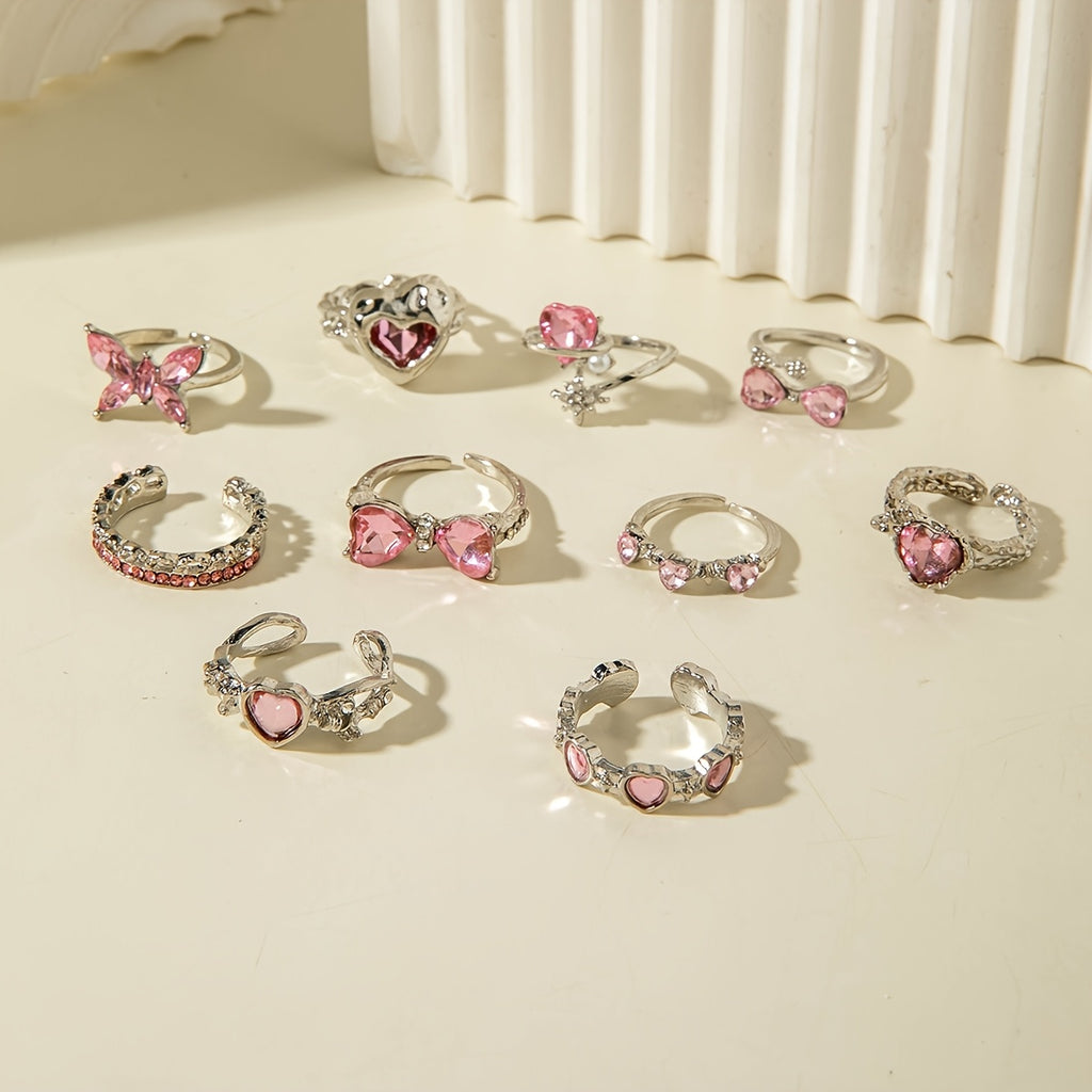 Pink & Pretty — Rhinestone Bow Heart Ring Set