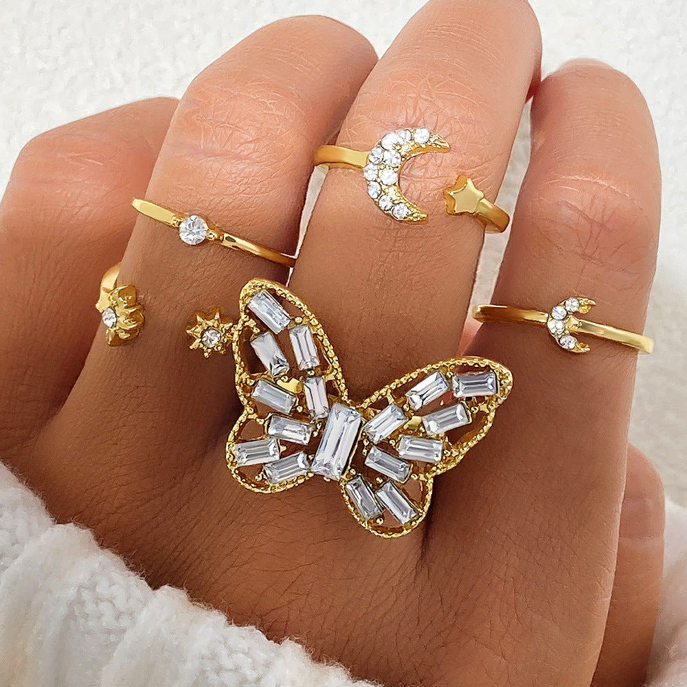 Wings & Moonlight — Silver Butterfly Ring Set
