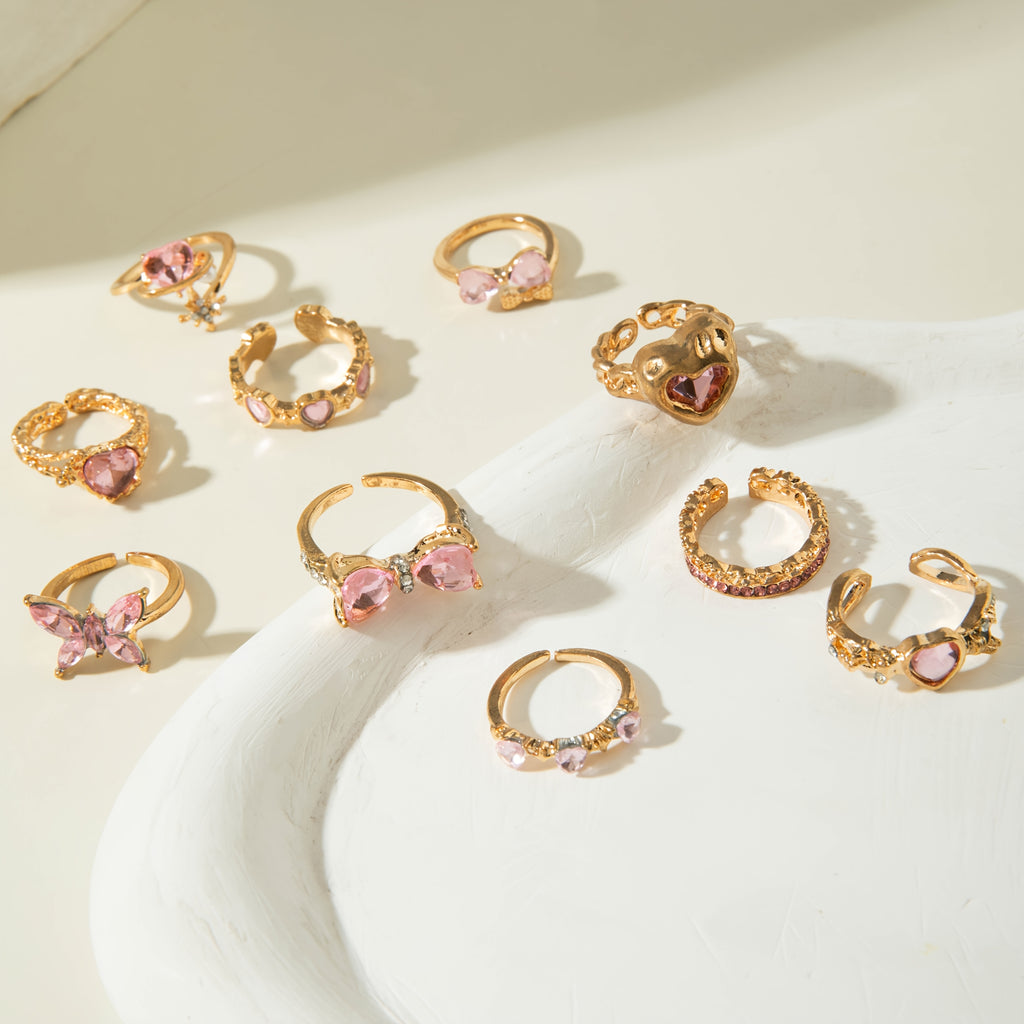 Pink & Pretty — Rhinestone Bow Heart Ring Set