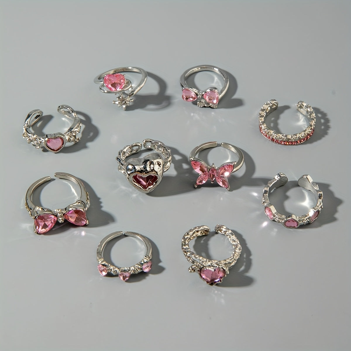 Pink & Pretty — Rhinestone Bow Heart Ring Set