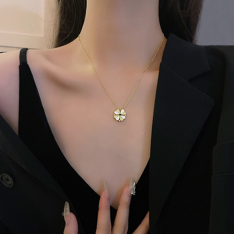Golden Heart Crystal Clover Necklace♡