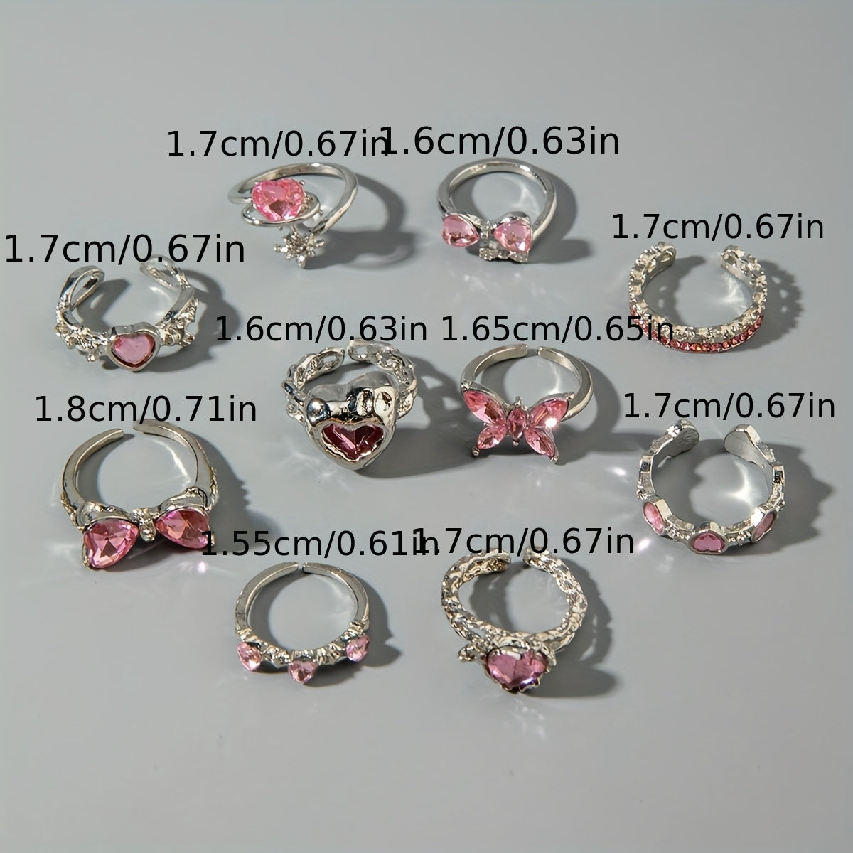 Pink & Pretty — Rhinestone Bow Heart Ring Set