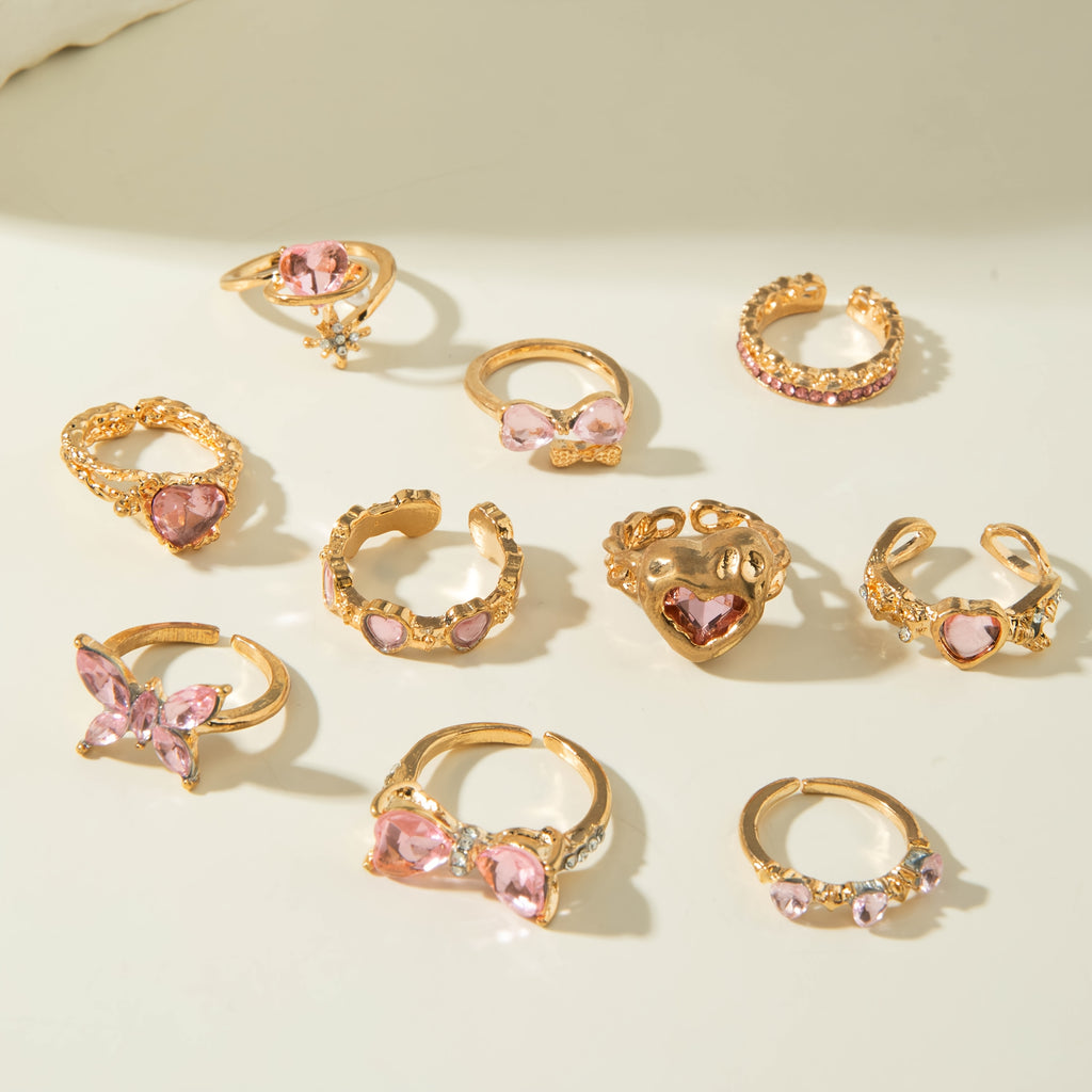 Pink & Pretty — Rhinestone Bow Heart Ring Set