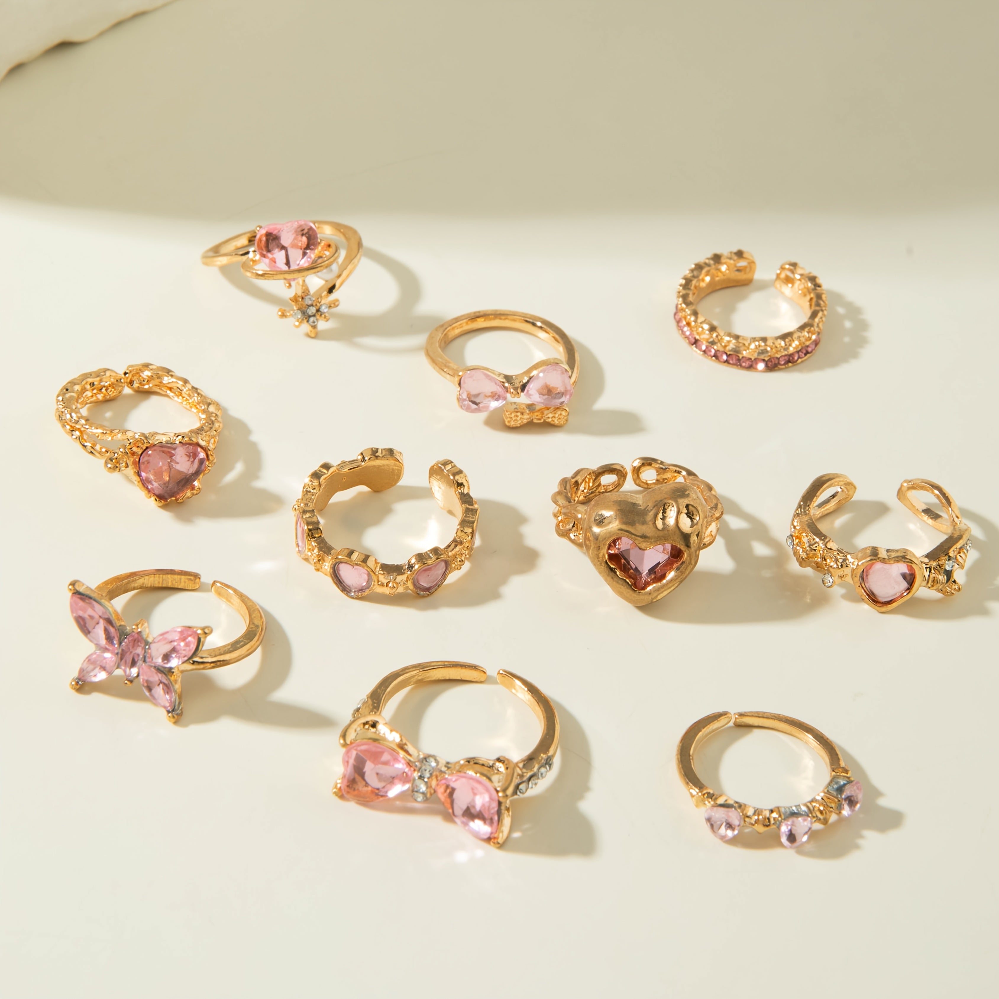 Pink & Pretty — Rhinestone Bow Heart Ring Set