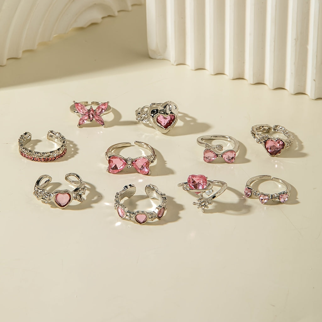 Pink & Pretty — Rhinestone Bow Heart Ring Set