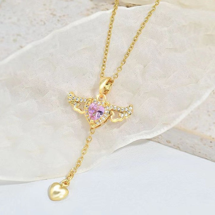 Angel Wings Cupid Heart Crystal Necklace
