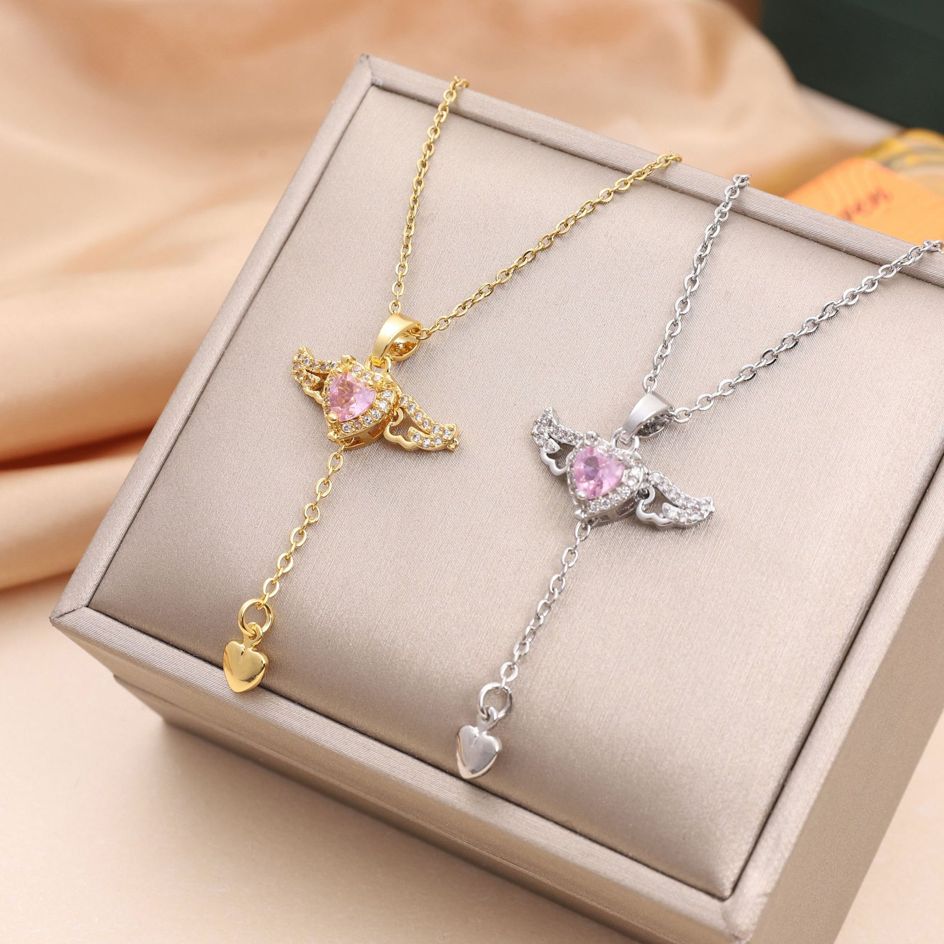 Angel Wings Cupid Heart Crystal Necklace