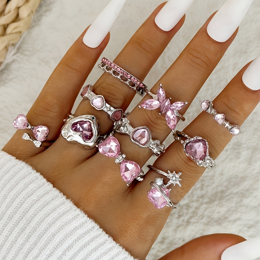 Pink & Pretty — Rhinestone Bow Heart Ring Set