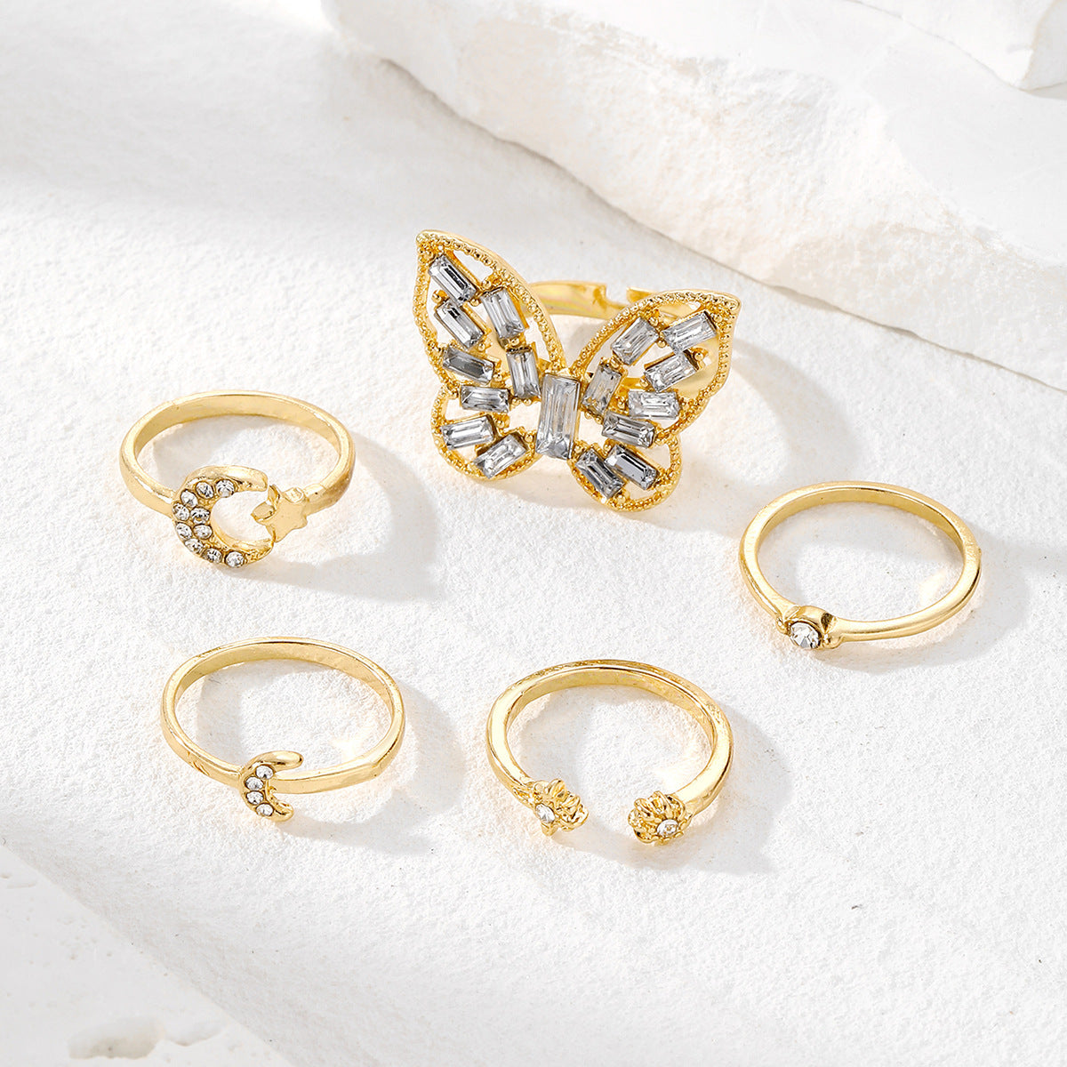 Wings & Moonlight — Silver Butterfly Ring Set