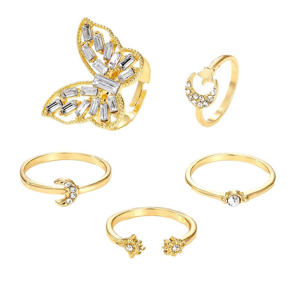 Wings & Moonlight — Silver Butterfly Ring Set