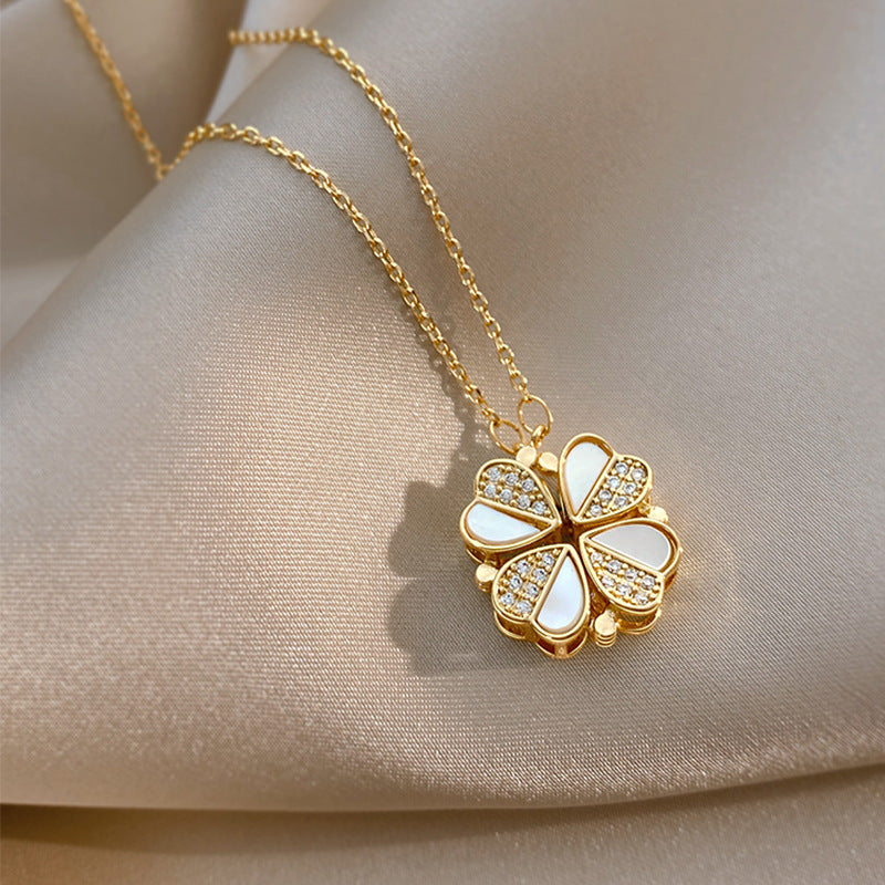 Golden Heart Crystal Clover Necklace♡