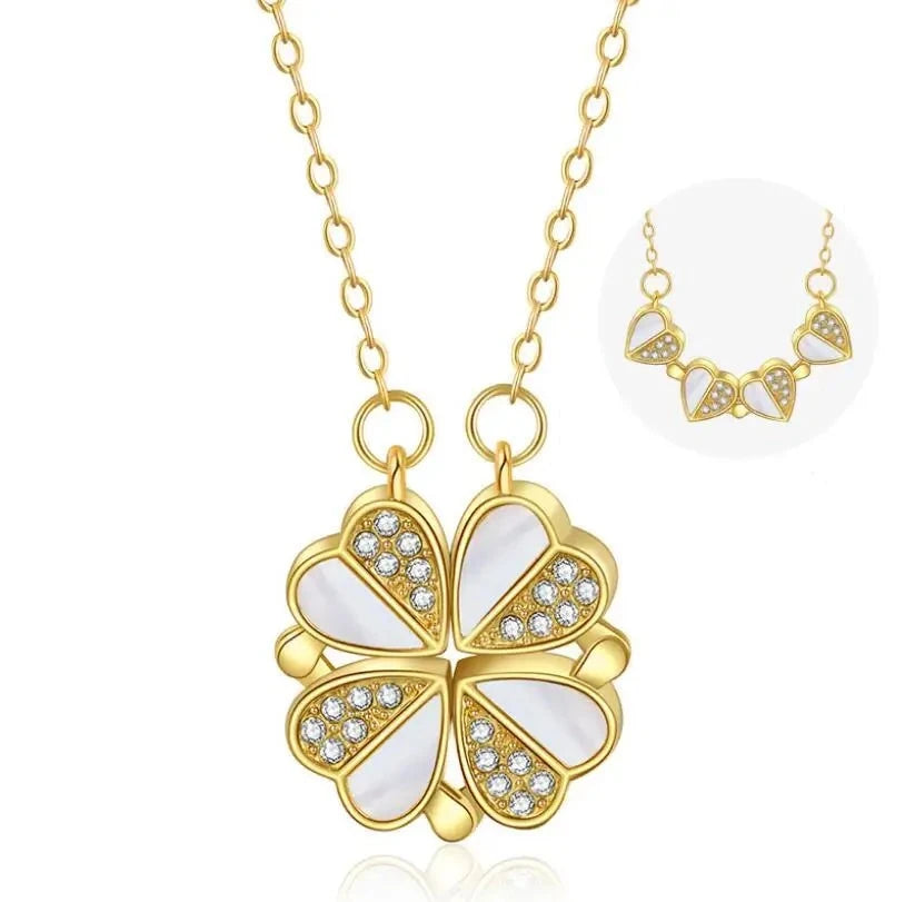 Golden Heart Crystal Clover Necklace♡