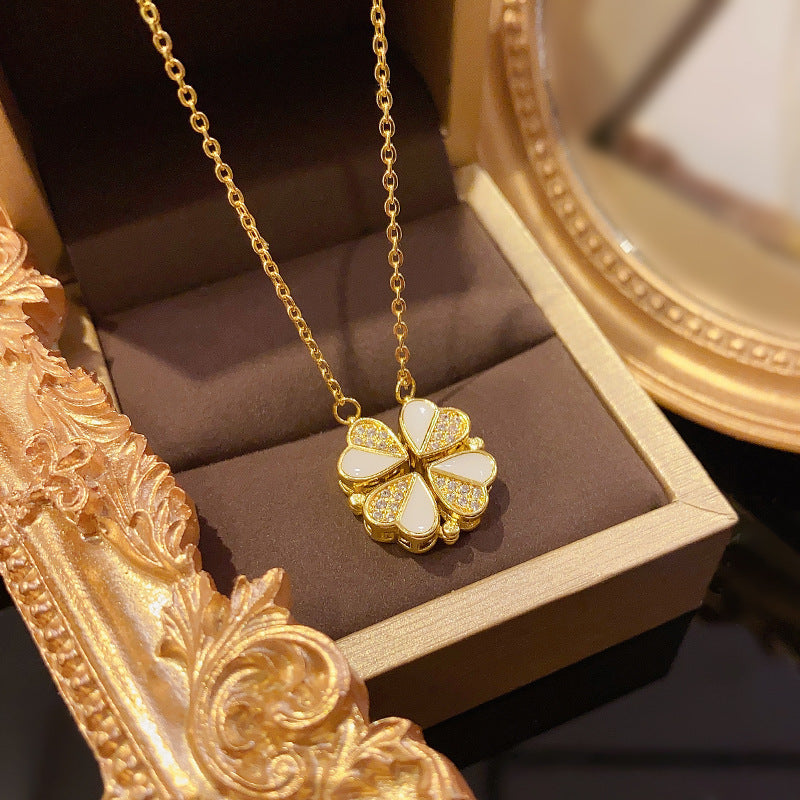 Golden Heart Crystal Clover Necklace♡