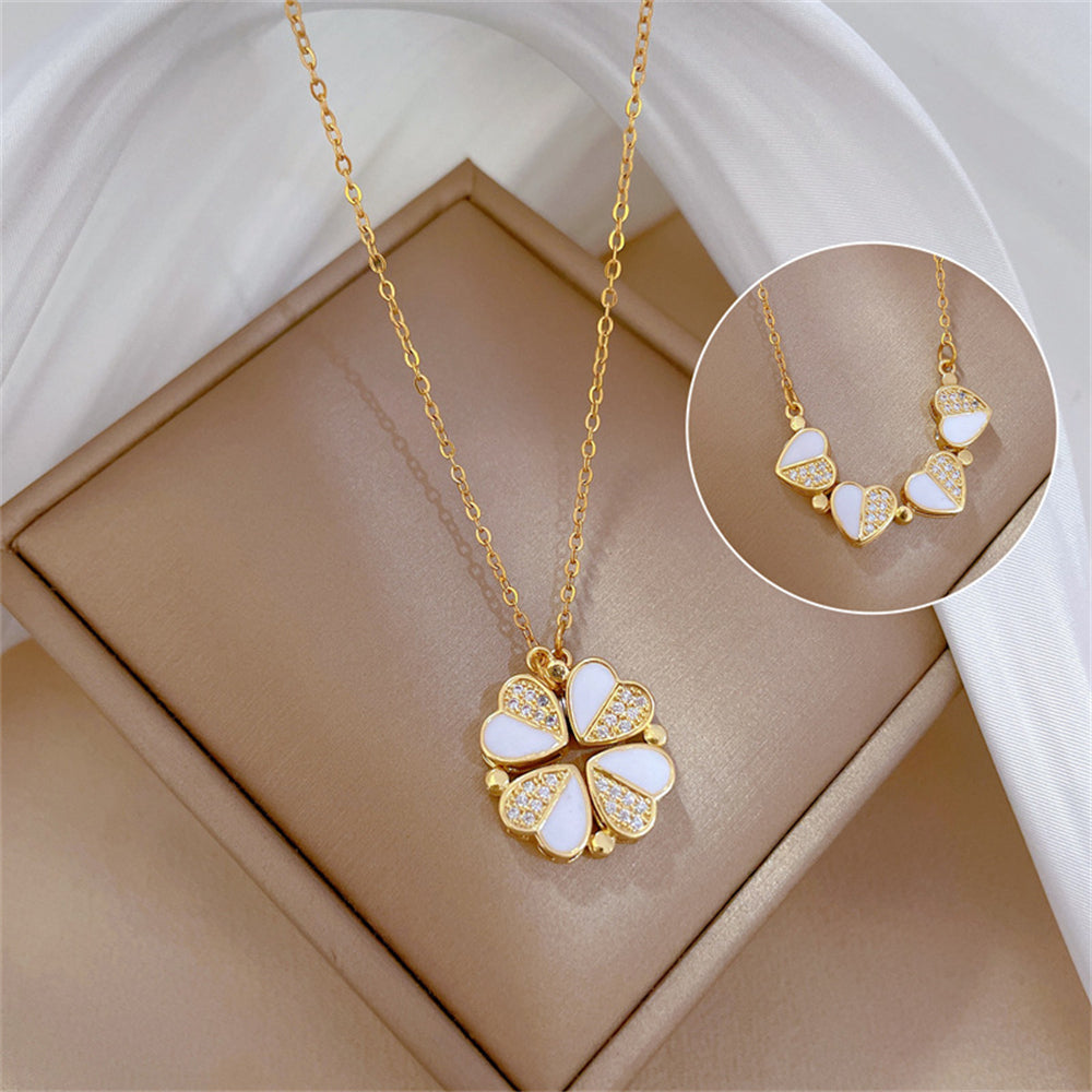 Golden Heart Crystal Clover Necklace♡