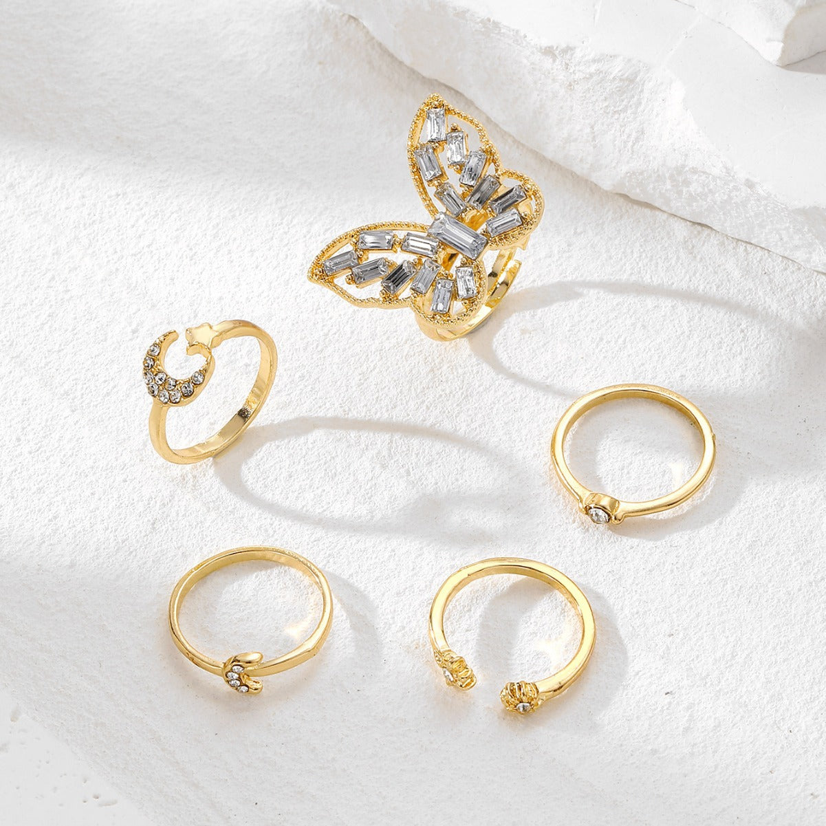 Wings & Moonlight — Silver Butterfly Ring Set