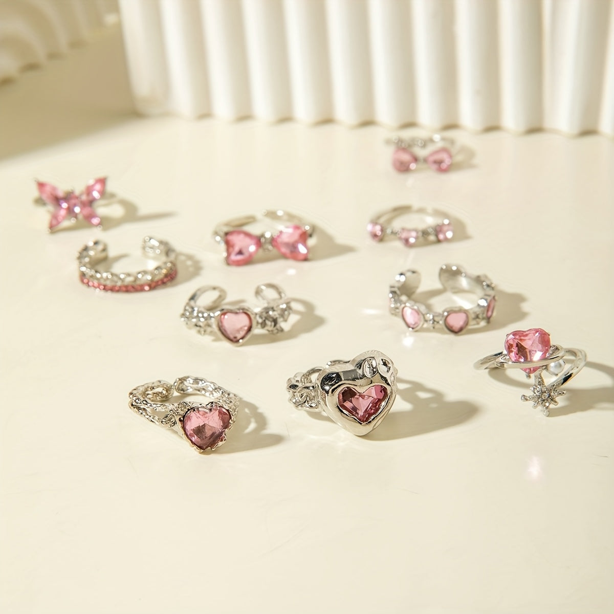 Pink & Pretty — Rhinestone Bow Heart Ring Set